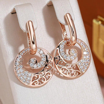 Fabulous Hollow Round 14K Rolled Rose Gold Pendant Paved with AAA Zircon Diamonds Earrings - Luxury Jewellery